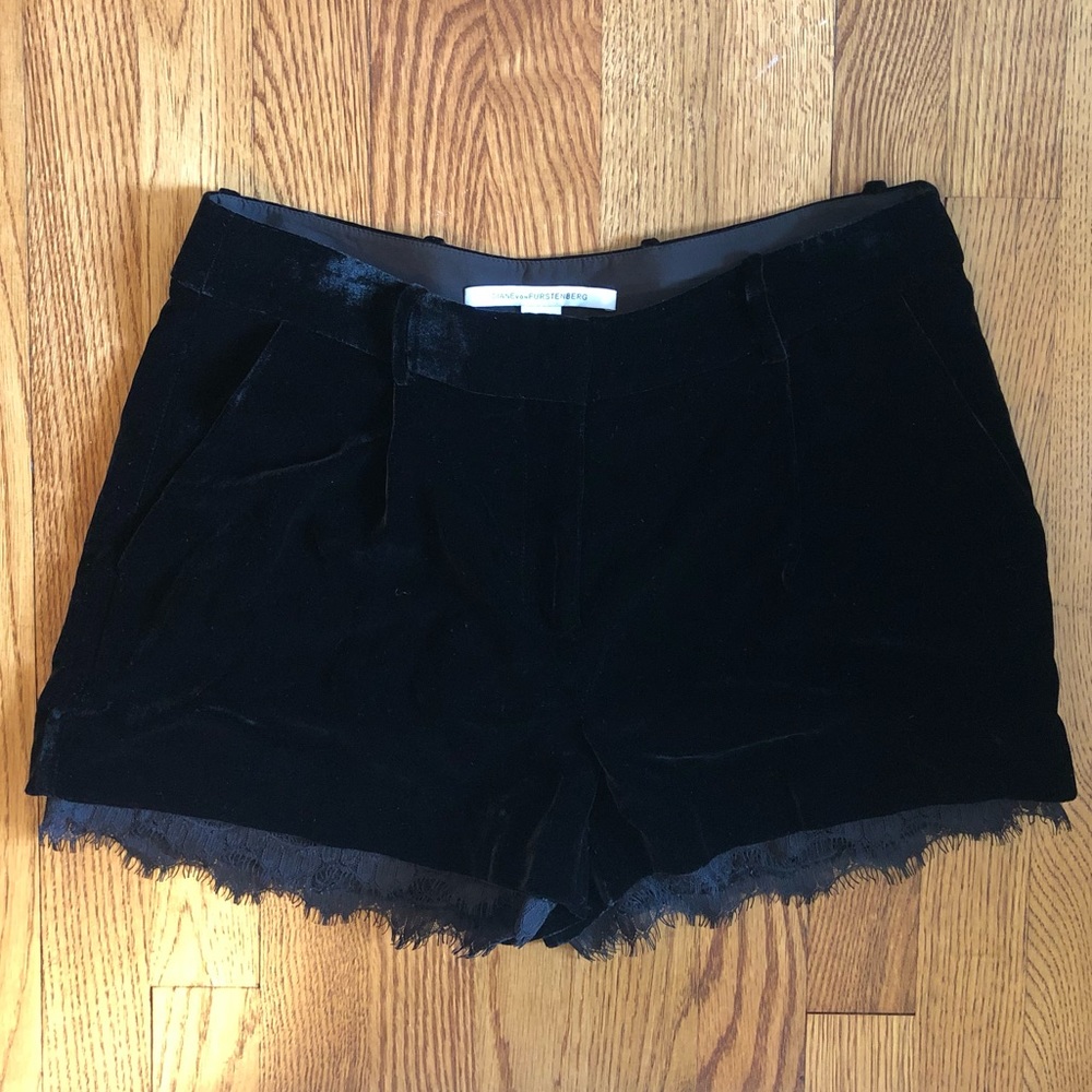 DVF Black Velvet shorts with exposed lace.